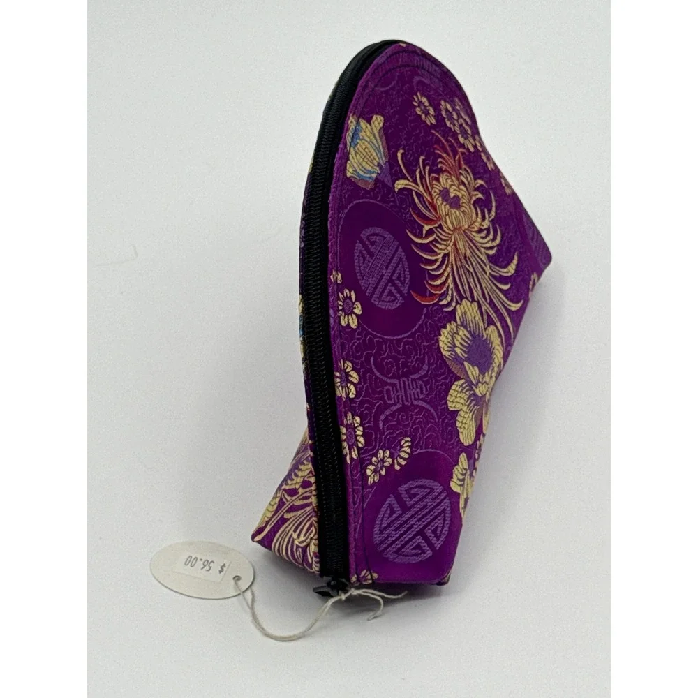 Purple Floral Brocade Makeup Bag Oriental Satin Cosmetic Pouch Made in USA NWT